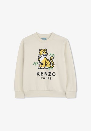 Sweat-shirt couleur crème avec un graphique de tigre vif et le texte "KENZO PARIS" en noir. Matière douce avec poignets et encolure côtelés.