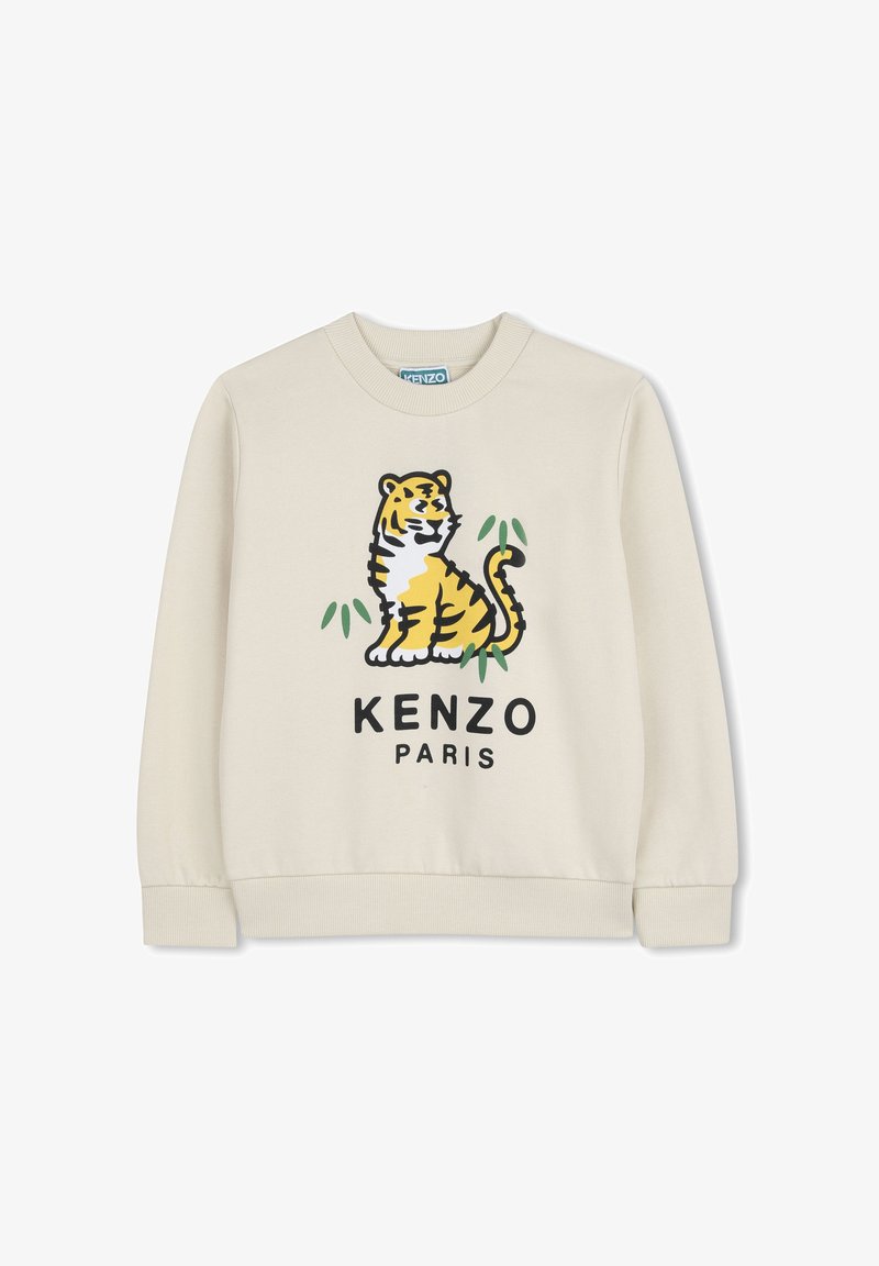Felpa color crema con una vivace grafica di una tigre e la scritta "KENZO PARIS" in nero. Materiale morbido con polsini e scollo a costine.