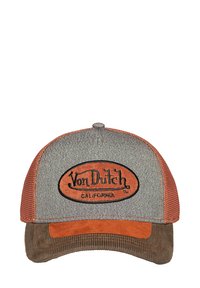 Cappellino trucker Von Dutch grigio e color ruggine, con visiera in velluto marrone e pannelli posteriori in rete.