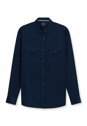 Navyblaues Langarmhemd mit Button-Down-Kragen, zwei Brusttaschen und einem strukturierten Stoff. Die Knöpfe passen zur Farbe des Stoffes.