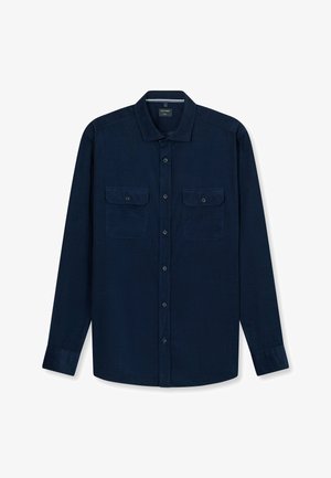 Navyblaues Langarmhemd mit Button-Down-Kragen, zwei Brusttaschen und einem strukturierten Stoff. Die Knöpfe passen zur Farbe des Stoffes.
