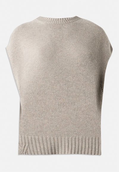 Bežani pleteni džemper s kratkim rukavima, rebrastim izrezom i rubom. Glatka tekstura s lagano širokim krojem, s bočnim šavovima blizu ruba.