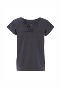 Dunkelgraues T-Shirt mit kurzen Ärmeln und knotigem Design am Halsausschnitt sowie einem lässigen Schnitt. Glattes Material mit dezentem Glanz und sauberer Nahtverarbeitung.