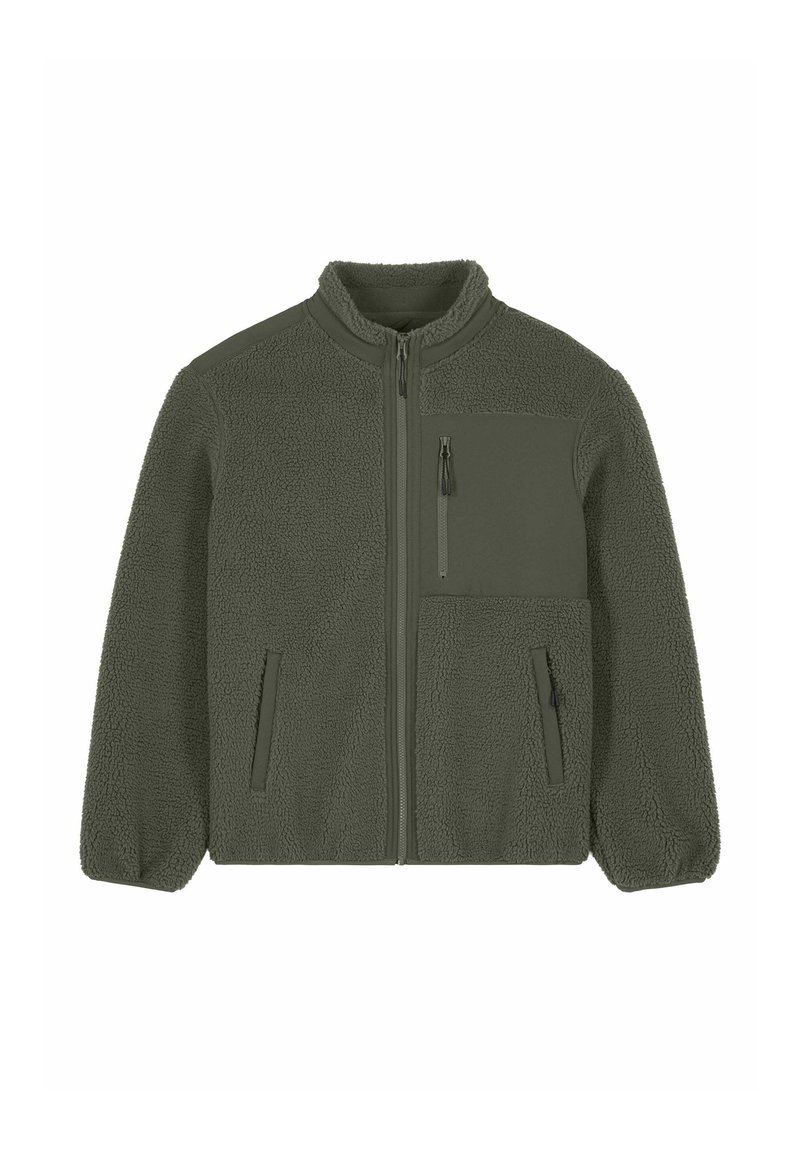Giacca in pile verde oliva con chiusura a zip completa, collo alto, due tasche laterali, polsini elastici e tasca sul petto con zip.