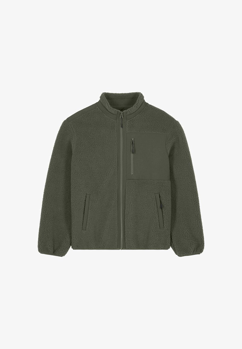 Giacca in pile verde oliva con chiusura a zip completa, collo alto, due tasche laterali, polsini elastici e tasca sul petto con zip.