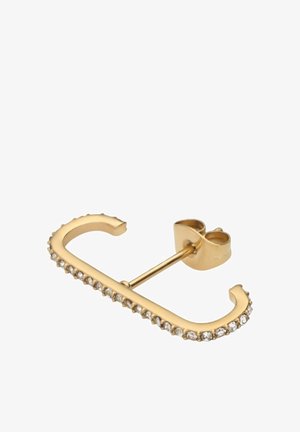 Halve hoepel oorstekers in goudkleur met kleine heldere kristallen langs de buitenrand en een push-back sluiting.