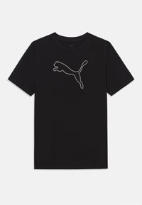 Czarna bawełniana koszulka z krótkim rękawem, z białym obrysowanym logo Puma z przodu. Gładka tekstura i klasyczny krój z okrągłym dekoltem.