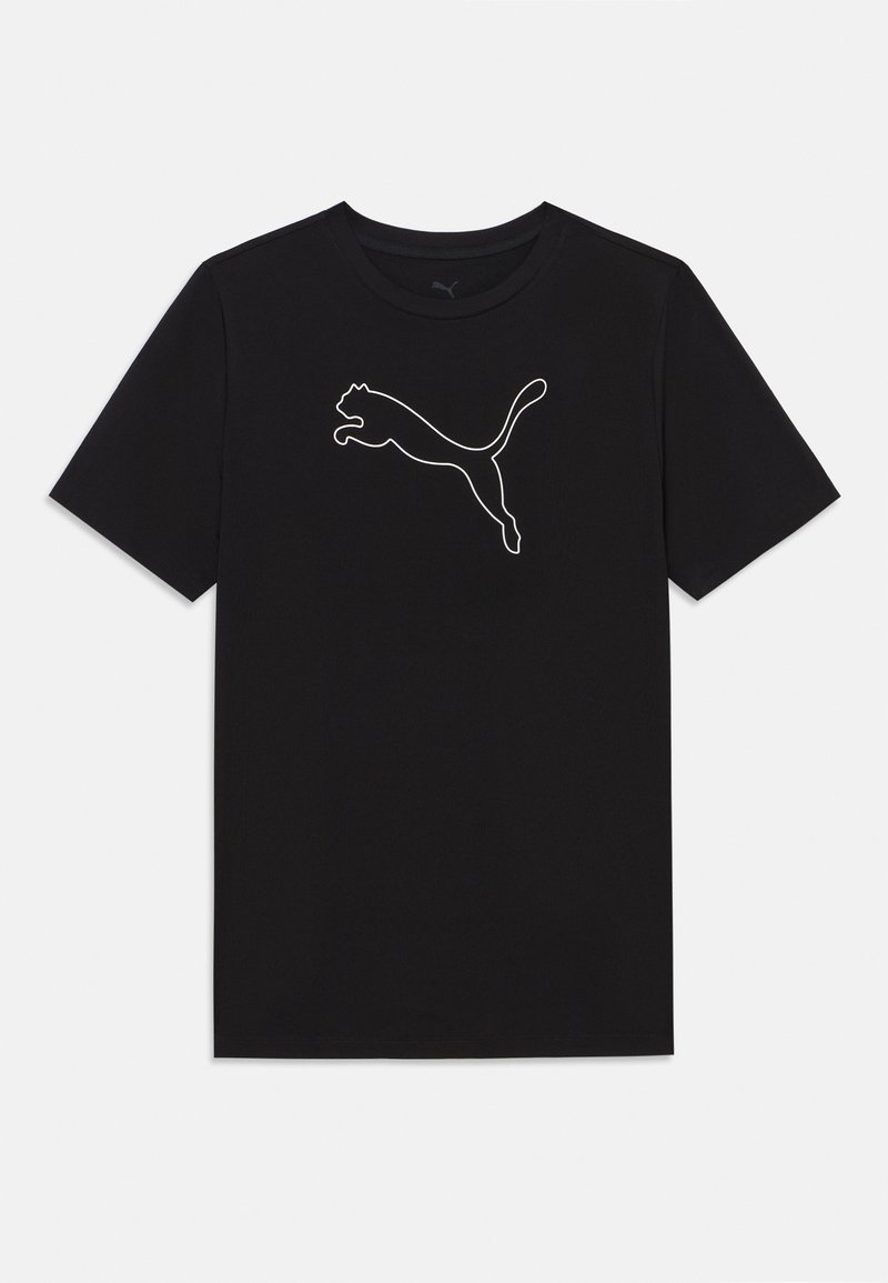 Czarna bawełniana koszulka z krótkim rękawem, z białym obrysowanym logo Puma z przodu. Gładka tekstura i klasyczny krój z okrągłym dekoltem.