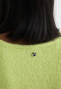 Lāmu zaļa adīta džemperis ar teksturētu apdari, aizmugurē ar apaļu sudraba uzlīmi ar logotipa detaļu.