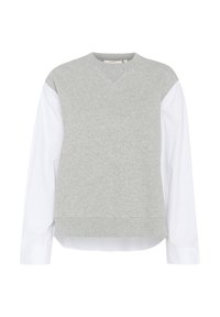 Felpa grigia con maniche lunghe bianche, collo rotondo e finitura testurizzata. Presenta un design stratificato e orlo a coste.