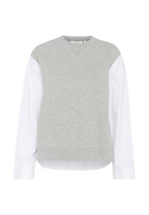 Sweatshirt gris avec des manches longues blanches, col rond et finition texturée. Caractéristiques d'un design superposé et d'un ourlet côtelé.