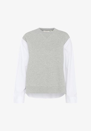 Grijze sweatshirt met witte lange mouwen, ronde hals en een gestructureerde afwerking. Heeft een gelaagd ontwerp en een geribbelde zoom.