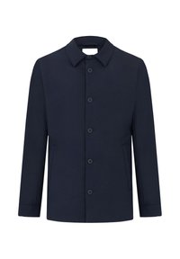 Mørkeblå frakke lavet af glat stof, med krave, frontknapper og sidelommer. Designet med lige snit og minimale detaljer.