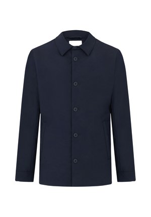 Cappotto blu navy realizzato in tessuto liscio, con colletto, bottoni frontali e tasche laterali. Progettato con un taglio dritto e accenti minimi.