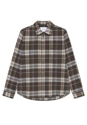 Brown plaid button-up shirt made of flannel, featuring white and gray lines, a pointed collar, and a rounded hem.
