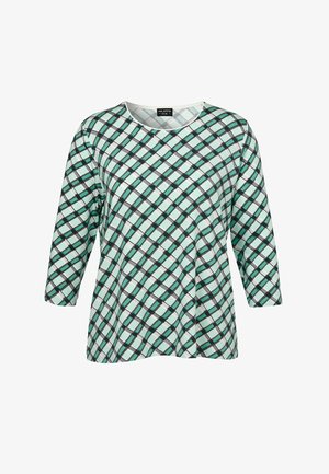 Long-sleeve top with a green, black, and white diagonal checkered pattern and a round neckline.