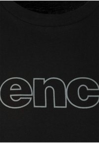 Black cotton t-shirt featuring large, light gray text reading "enc" across the front. Round neckline, smooth texture, minimalistic design.