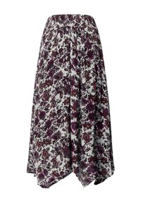 Witte rok met elastische tailleband, voorzien van een donkerpaarse en bruine bloemenprint en een asymmetrische zoom.