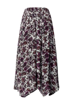 Witte rok met elastische tailleband, voorzien van een donkerpaarse en bruine bloemenprint en een asymmetrische zoom.