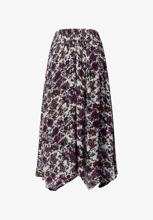 Falda blanca con cintura elástica, con un patrón floral en tonos púrpura oscuro y marrón, y un dobladillo asimétrico.