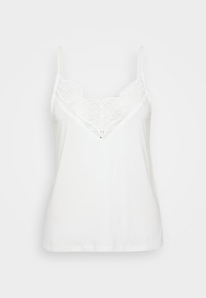 Witte tanktop met dunne bandjes, voorzien van een kant V-halsontwerp en een gladde textuur. Eenvoudige, getailleerde vorm zonder extra patronen.