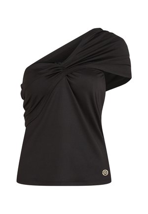 Μαύρο ασύμμετρο τοπ με έναν ώμο, με ρίγες και μικρό χρυσό έμβλημα κοντά στο τελείωμα, σε απλό λευκό φόντο.