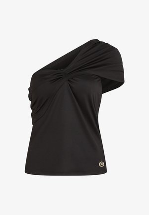 Μαύρο ασύμμετρο τοπ με έναν ώμο, με ρίγες και μικρό χρυσό έμβλημα κοντά στο τελείωμα, σε απλό λευκό φόντο.