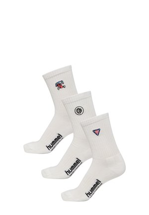 Three pairs of white ribbed socks, featuring various embroidery: a red vehicle, a circular logo, and a triangle logo, all with "hummel" text.