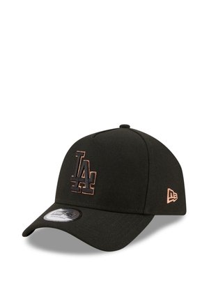Black baseball cap with a structured design, featuring a raised LA logo in rose gold embroidery on the front and a curved visor.