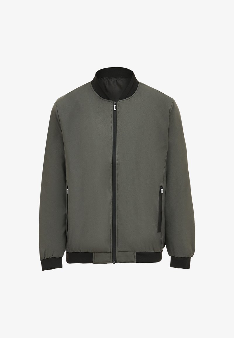Bomber jacket in dark olive green, made of smooth fabric, featuring a black ribbed collar, cuffs, hem, and two side zip pockets.