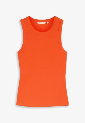 Bezrękawnik prążkowany w jaskrawym pomarańczowym kolorze z okrągłym dekoltem, rozmiar mały, oznaczony jako Denim by Tontalon.