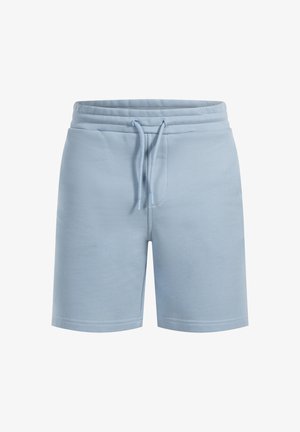 Shorts en coton bleu clair avec une taille élastique, un cordon de serrage et un tissu texturé. Présentent une coupe standard et des ourlets cousus.