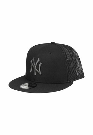 Schwarze New York Yankees Snapback-Cap mit Netzrückenteilen und flachem Schirm, Vorderlogo in passendem schwarzem Garn bestickt.