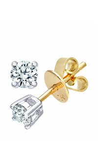 Naušnice od zlata i srebra s okruglim, prozirnim dijamantima u držaču s četiri kopče. Vidljivi su šraf i leptirasti zatvarač.