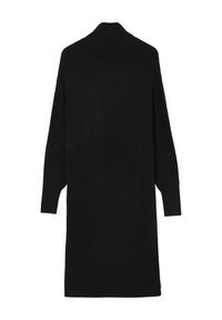 Schwarze Langarm-Strick-Tunika mit hohem Kragen, geradem Schnitt und gerippten Details an den Ärmeln. Weicher Stoff und einfarbig.