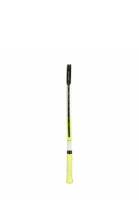 Tennis racket with a black and neon yellow frame, featuring a textured grip and a straight, elongated shape.