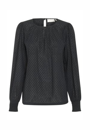 Svart långärmad blus med subtilt prickmönster, rynkad krage och elastiska manschetter. Nyckelhålsknäppning bak. Slät textur.