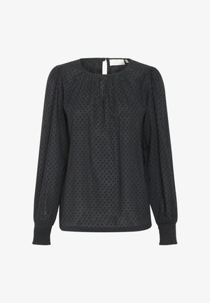 Blusa negra de manga larga con un sutil patrón de lunares, escote fruncido y puños elásticos. Cierre en la parte trasera con forma de llave. Textura suave.