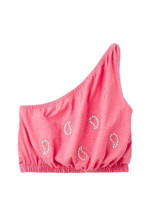 Ružový crop top na jedno rameno s elastickým lemom a bielymi flitrovými vzormi paisley rozptýlenými vpredu.