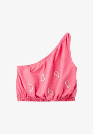 Crop top rose asymétrique avec ourlet élastique et motifs paisley en sequins blancs dispersés sur le devant.