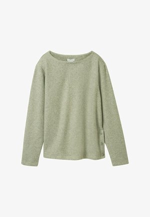 Tricou lung cu mâneci dintr-un material verde deschis, cu dungi, având un gât wide și trei butoane decorative pe partea stângă. Textură moale și croi lejer.