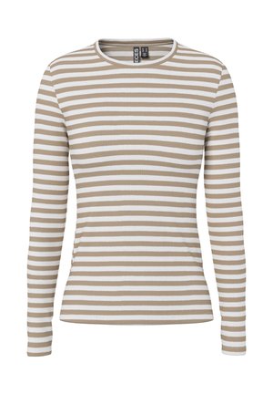 Beiges und weiß gestreiftes Langarmshirt mit Rundhalsausschnitt, Rippstruktur und figurbetonter Silhouette.