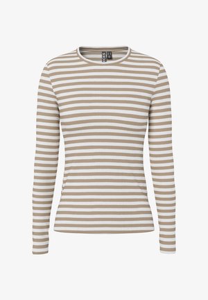 Beiges und weiß gestreiftes Langarmshirt mit Rundhalsausschnitt, Rippstruktur und figurbetonter Silhouette.