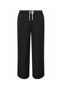 Svarta vida byxor med dragsko i midjan, med en kontrasterande ljusfärgad midja. Tillverkade av mjukt tyg med minimal detaljering.