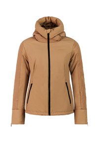 Chaqueta aislante color beige con cuello alto y capucha ajustable. Presenta cremalleras negras y bolsillos laterales. Tejido suave y ligero.