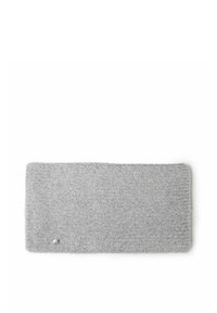 Gray wool headband with a textured surface, featuring a subtle ribbed pattern and a small metallic logo accent on one side.