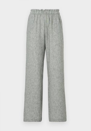 Pantalons larges gris clair en tissu texturé, dotés d'une taille élastique. Le design a une coupe décontractée sans embellissements supplémentaires.