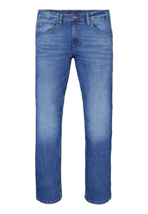 Blaue Denim-Jeans mit geradem Schnitt, fünf Taschen, Knopfverschluss und leichter Verfärbung an den vorderen Oberschenkeln und Knien.