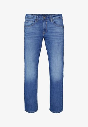 Jean en denim bleu à coupe droite, design cinq poches, fermeture par boutons, et légère décoloration sur le devant des cuisses et des genoux.