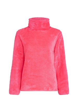 Fuzzy pink pullover with a high neck and long sleeves. Soft texture with a slightly oversized fit, showcasing a smooth, even surface.